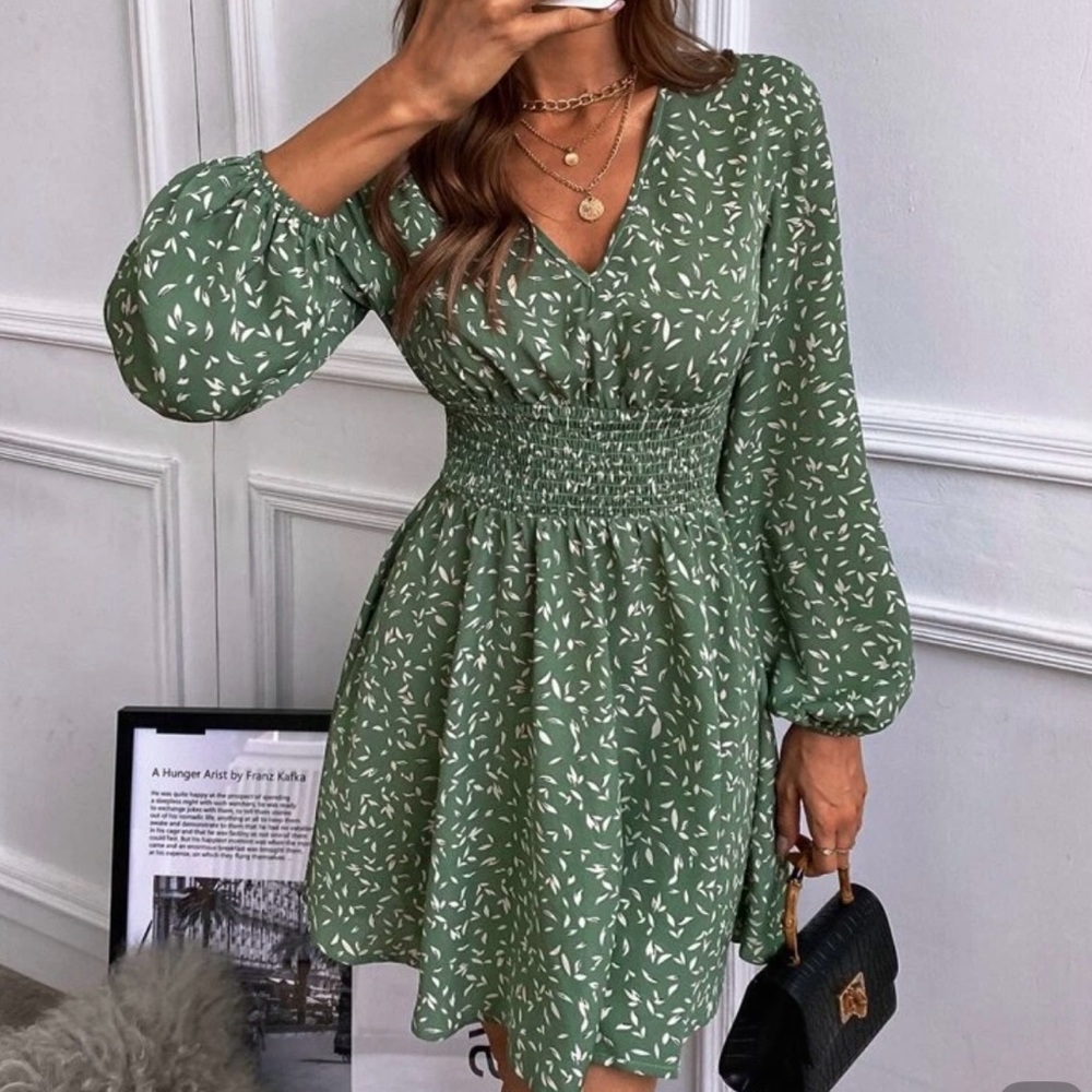 Green Floral Print Shirred Waist Dress